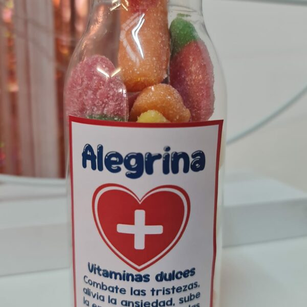 Botella de Chuches ALEGRINA, para combatir la tristeza la mejor receta regala ALEGRINA a tu amigos, hermanos, familiares